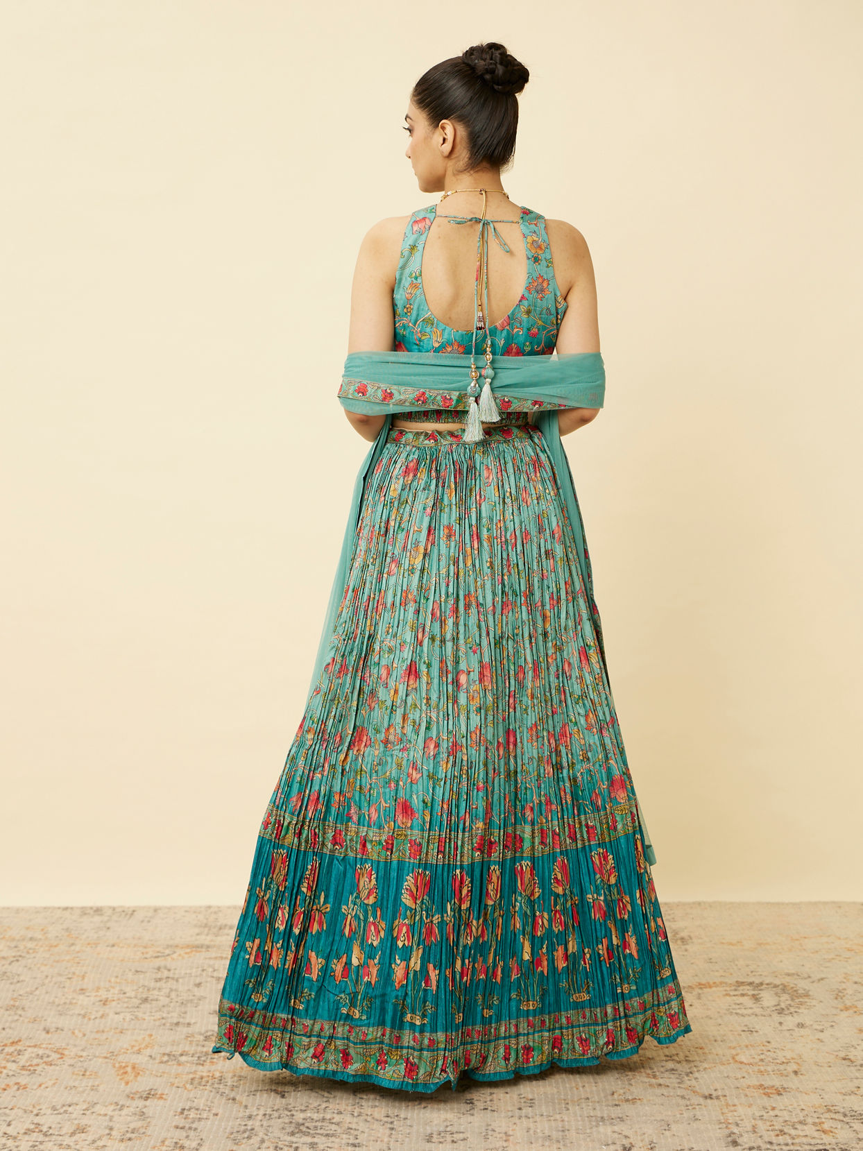 alt message - Mohey Women Sea Green Floral Printed Lehenga image number 3