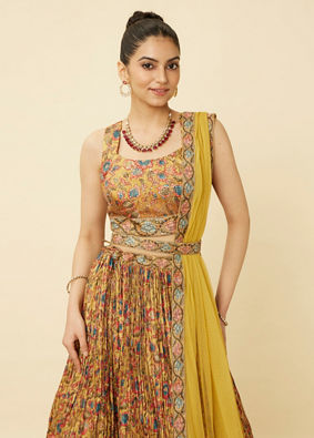 alt message - Mohey Women Mustard Yellow Floral Printed Lehenga image number 1