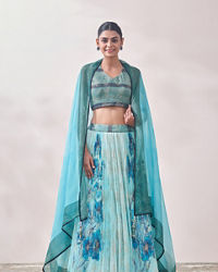 Mohey Women Turquoise Blue Floral Impressionist Sequined Lehenga