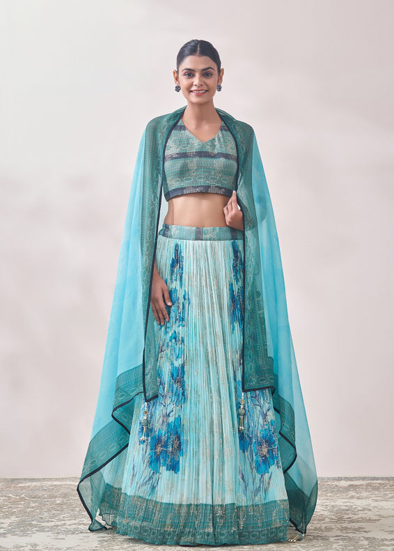 Mohey Women Turquoise Blue Floral Impressionist Sequined Lehenga