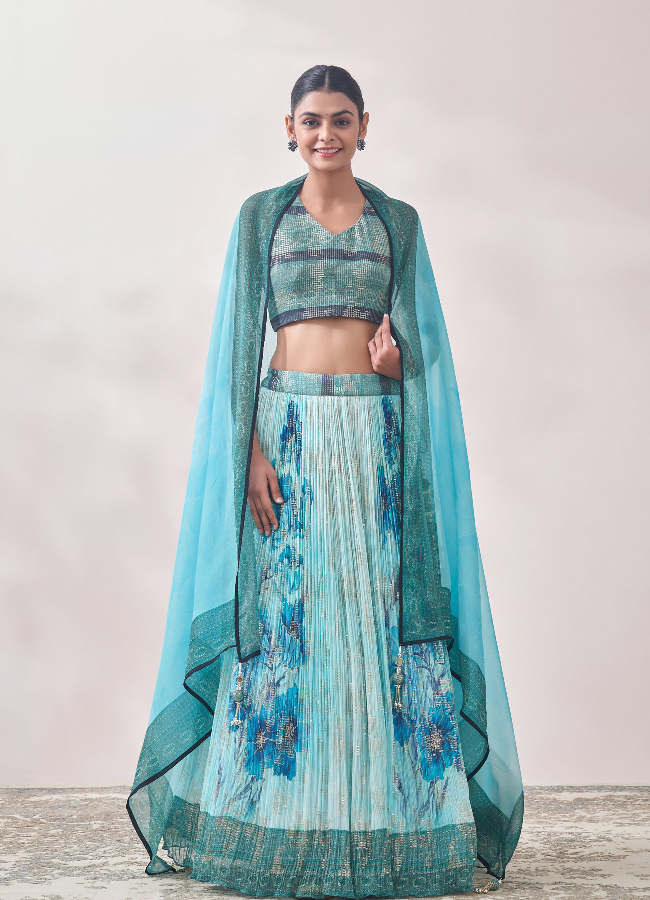 Mohey Women Turquoise Blue Floral Impressionist Sequined Lehenga