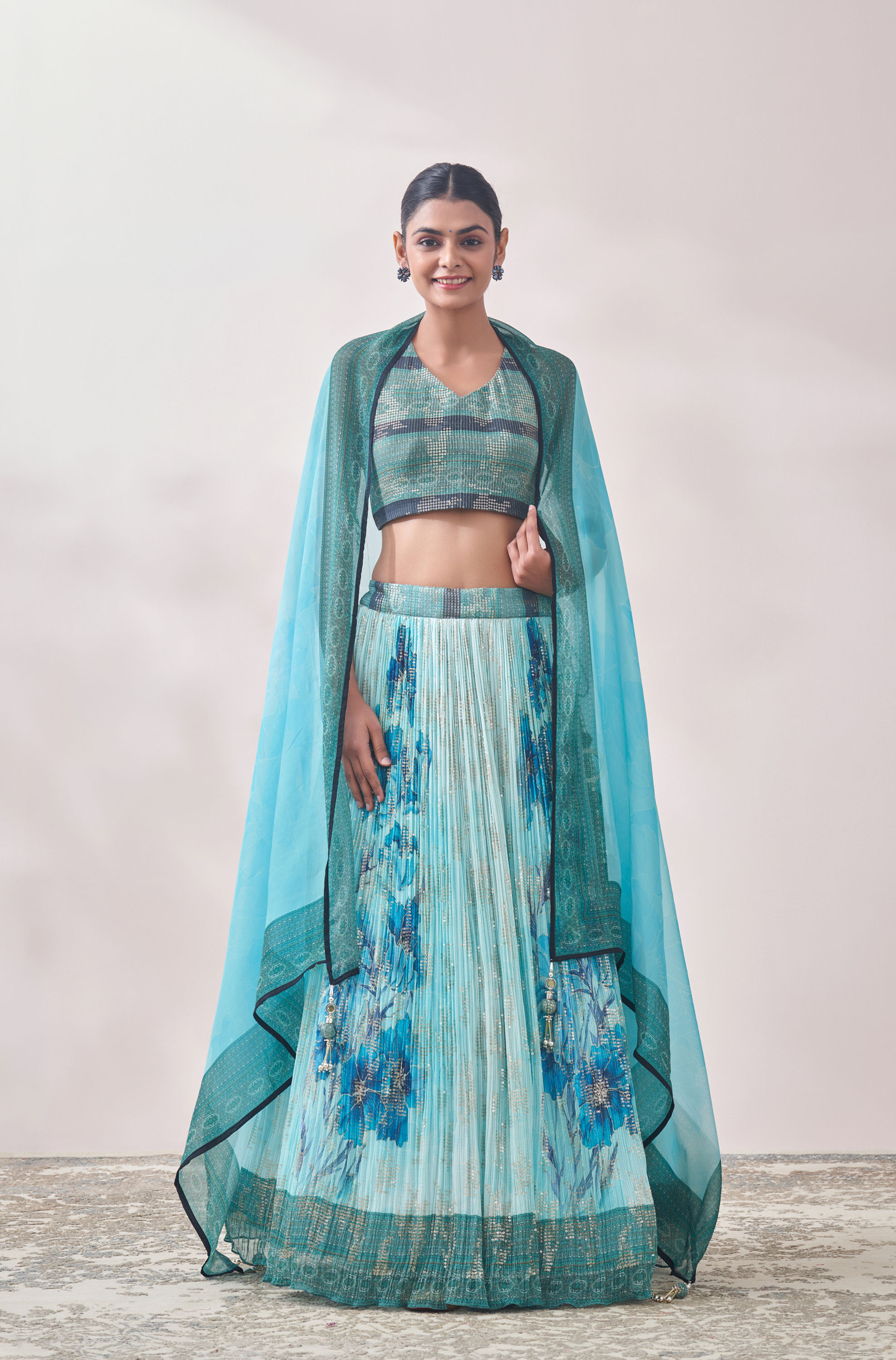 Mohey Women Turquoise Blue Floral Impressionist Sequined Lehenga