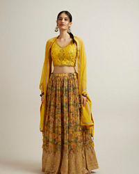 Mohey Women Mustard Georgette with Hand Embroidery and Sequins Lehenga