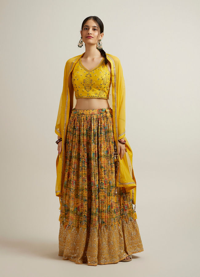 alt message - Mohey Women Mustard Georgette with Hand Embroidery and Sequins Lehenga image number 0