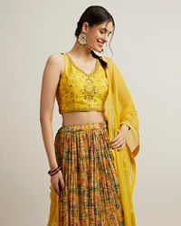 Mohey Women Mustard Georgette with Hand Embroidery and Sequins Lehenga