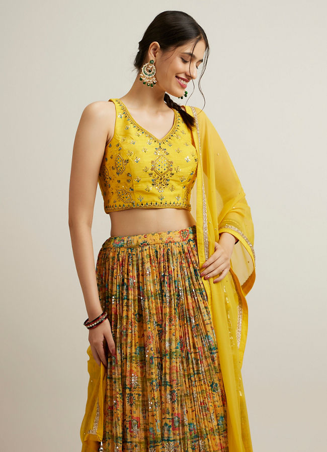 alt message - Mohey Women Mustard Georgette with Hand Embroidery and Sequins Lehenga image number 1