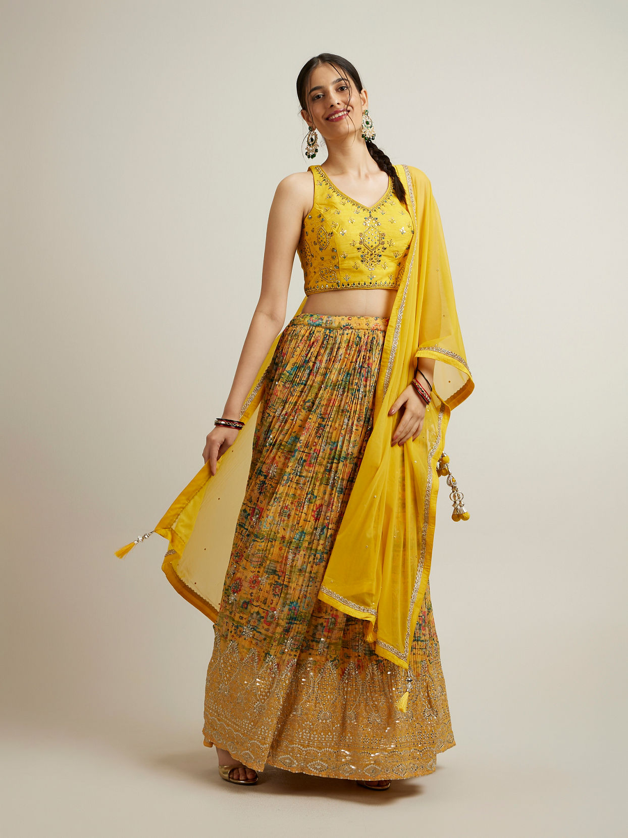 alt message - Mohey Women Mustard Georgette with Hand Embroidery and Sequins Lehenga image number 2