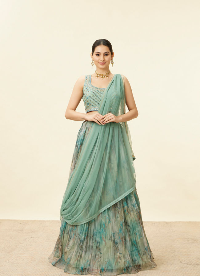 alt message - Mohey Women Sea Green Mirror Work Lehenga image number 0