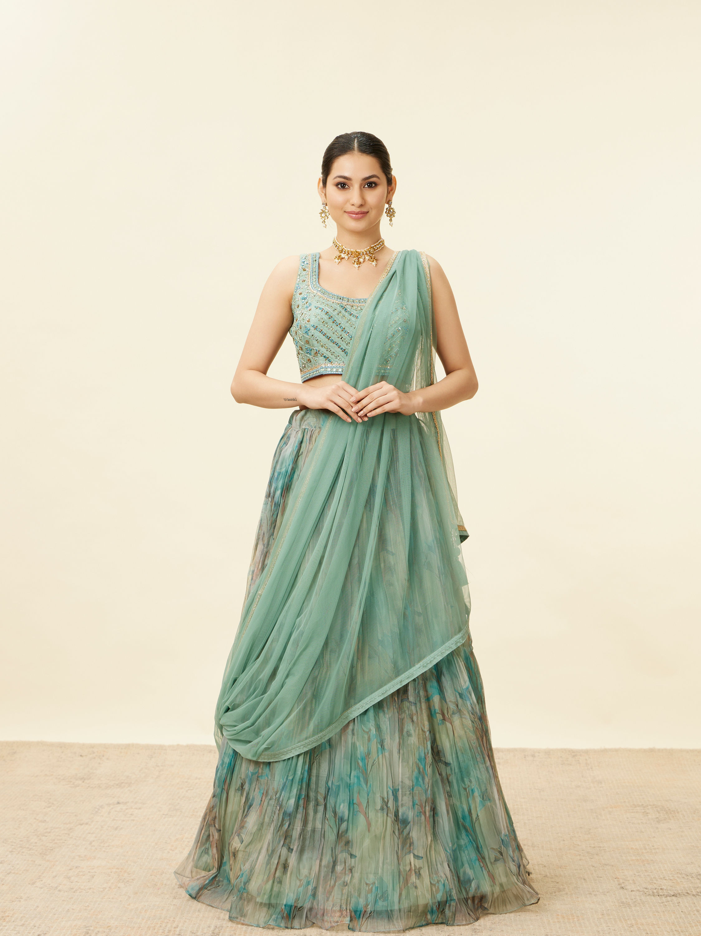 Mohey Women Sea Green Mirror Work Lehenga