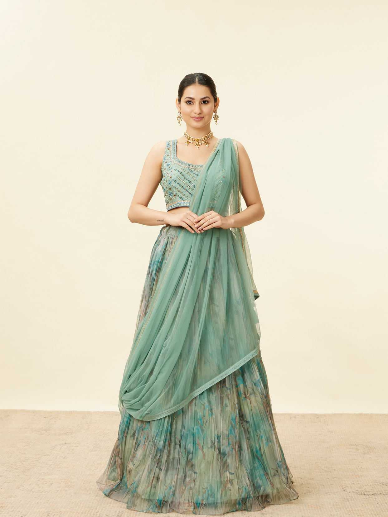 alt message - Mohey Women Sea Green Mirror Work Lehenga image number 0