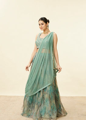 alt message - Mohey Women Sea Green Mirror Work Lehenga image number 3