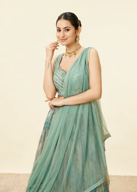 alt message - Mohey Women Sea Green Mirror Work Lehenga image number 1