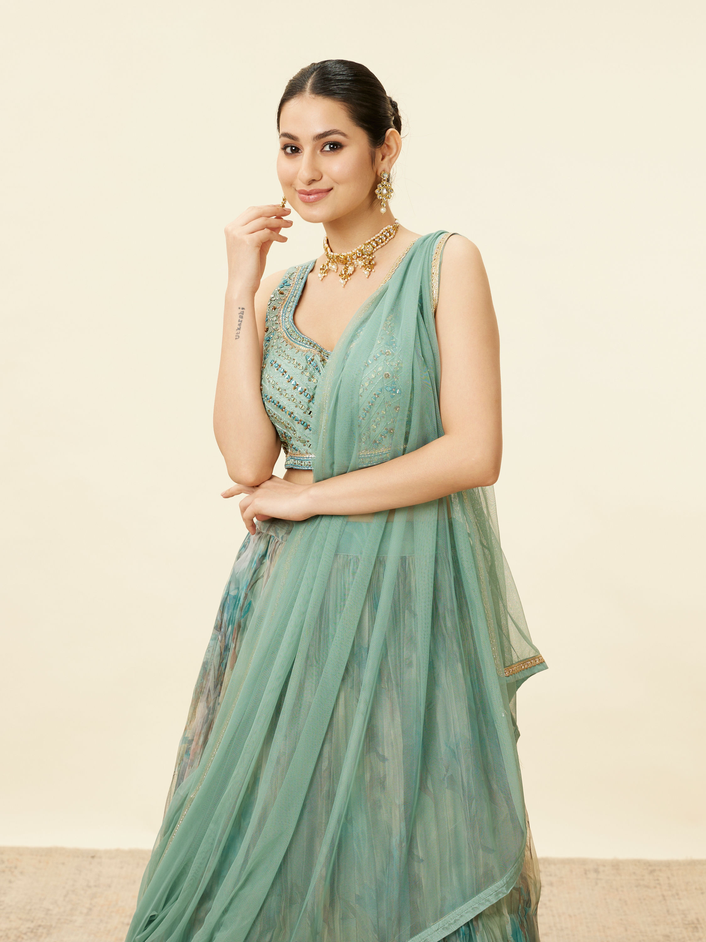 Mohey Women Sea Green Mirror Work Lehenga