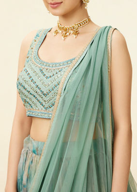 alt message - Mohey Women Sea Green Mirror Work Lehenga image number 2