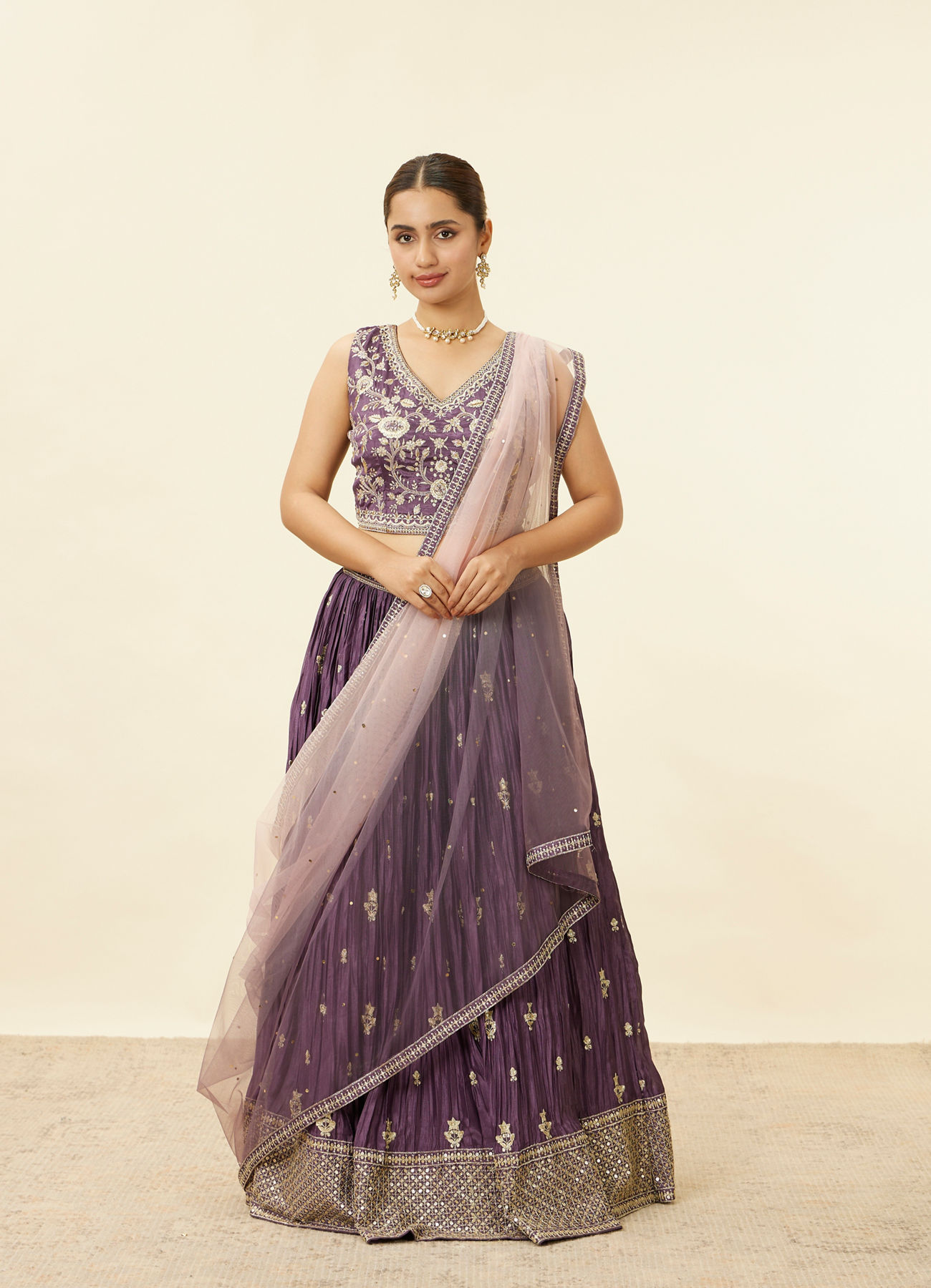 Mohey Women Dark Purple Sequin Embroidered Lehenga