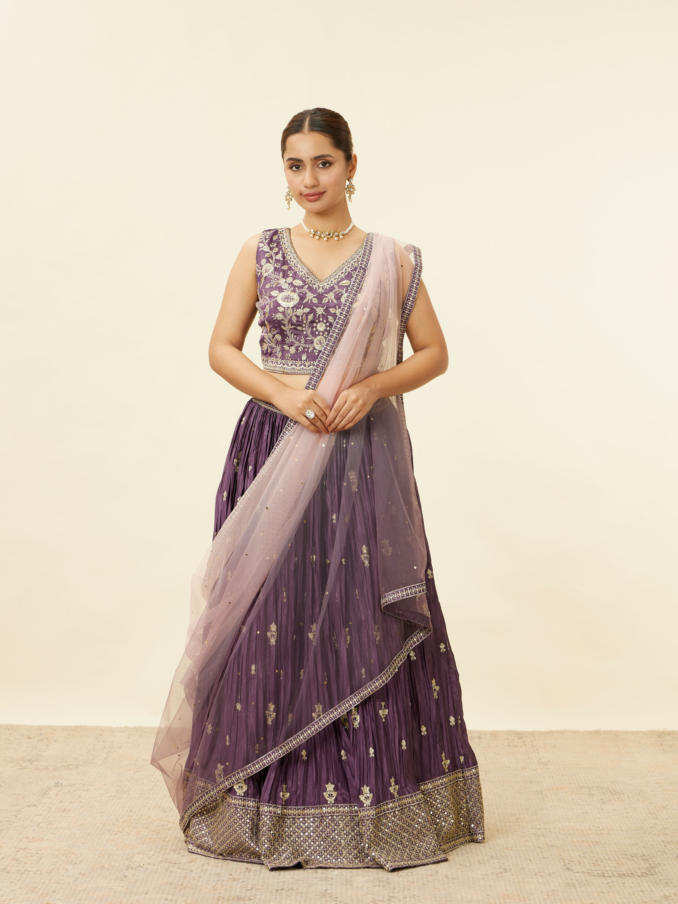 Mohey Women Dark Purple Sequin Embroidered Lehenga