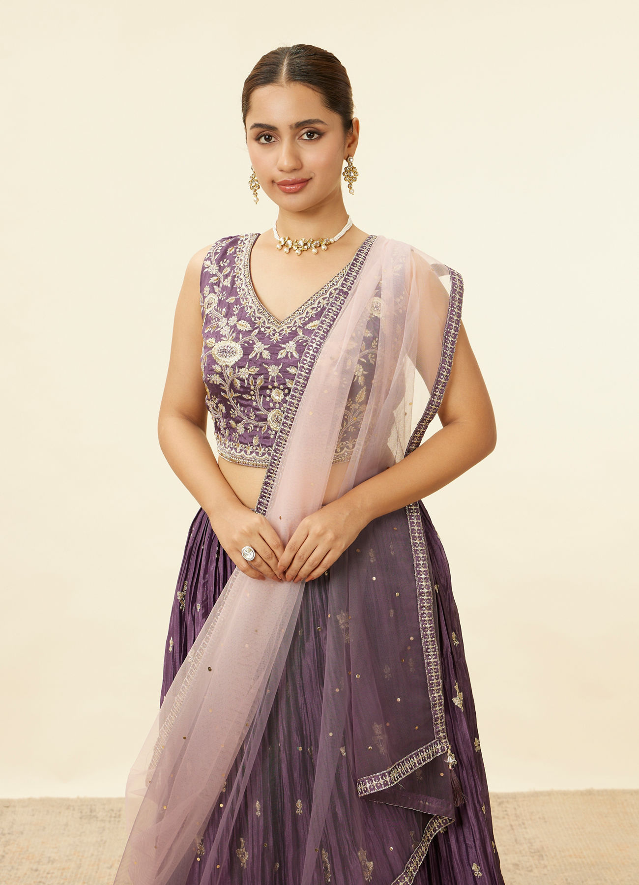 Mohey Women Dark Purple Sequin Embroidered Lehenga