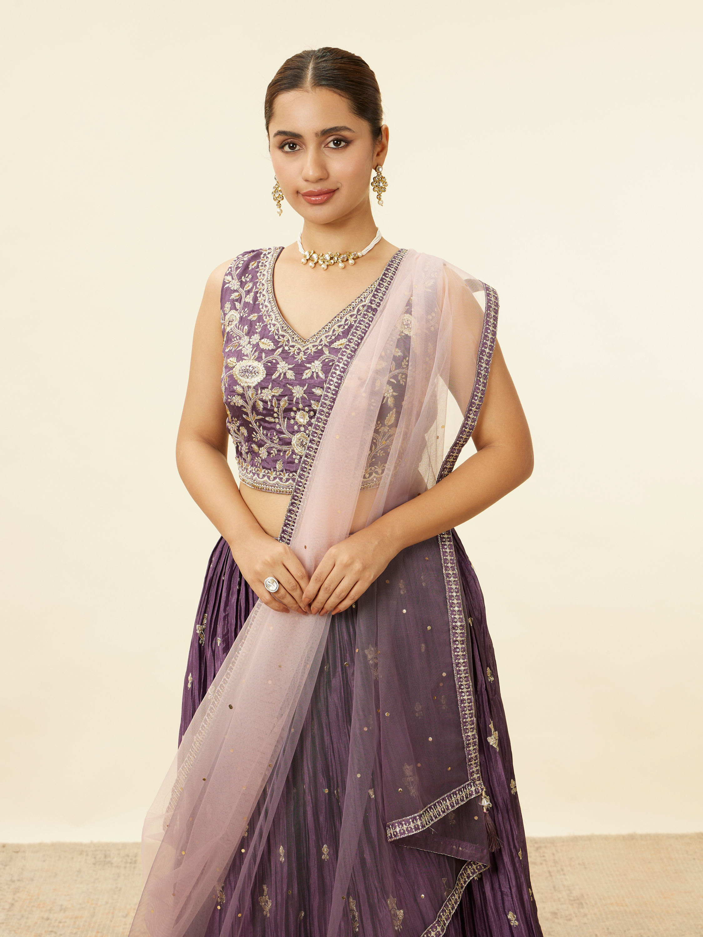 Mohey Women Dark Purple Sequin Embroidered Lehenga