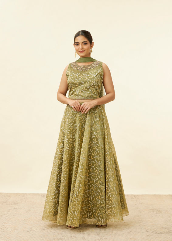 Mohey Women Tea Green Bel Embroidered Lehenga