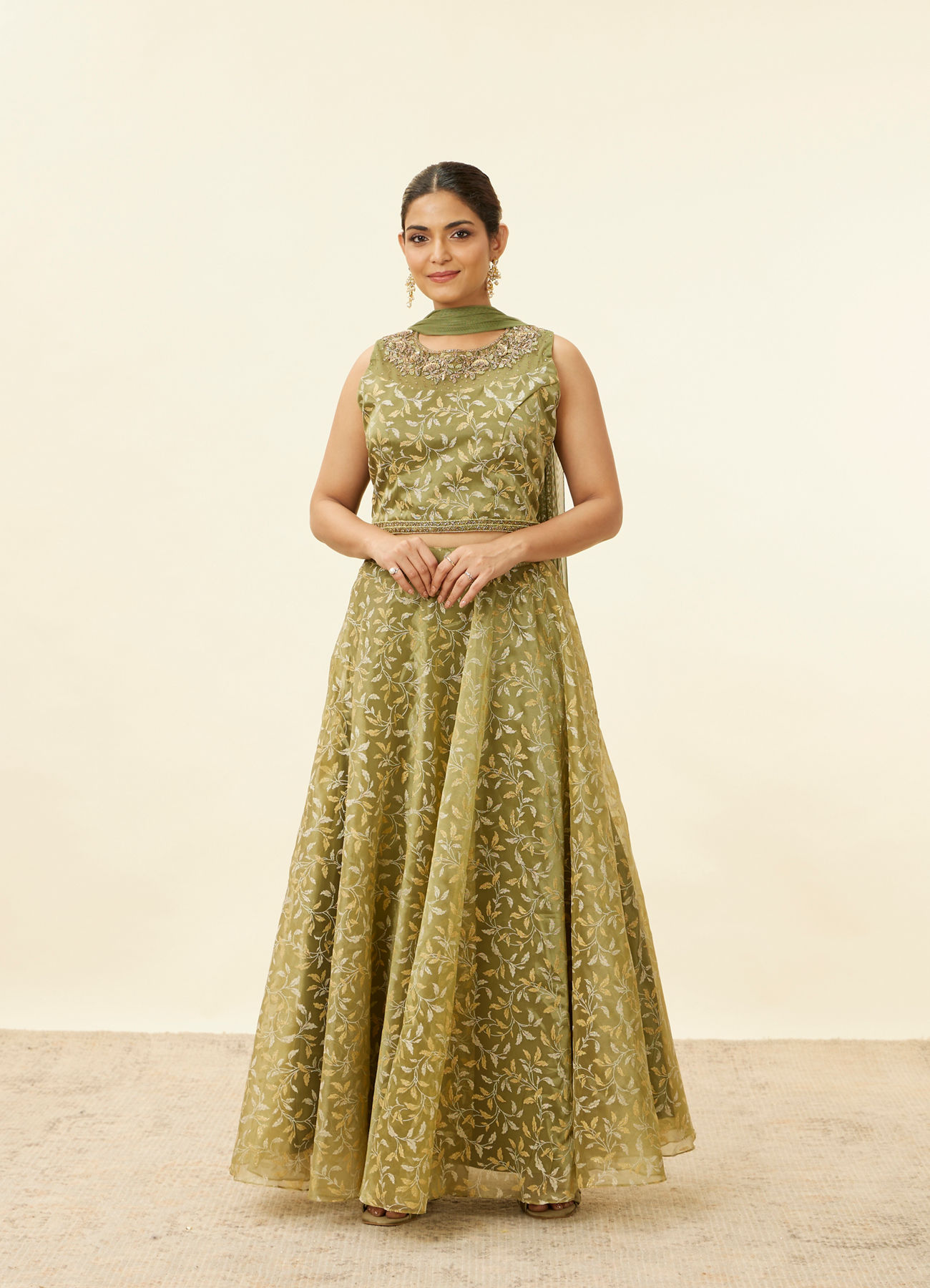 Mohey Women Tea Green Bel Embroidered Lehenga