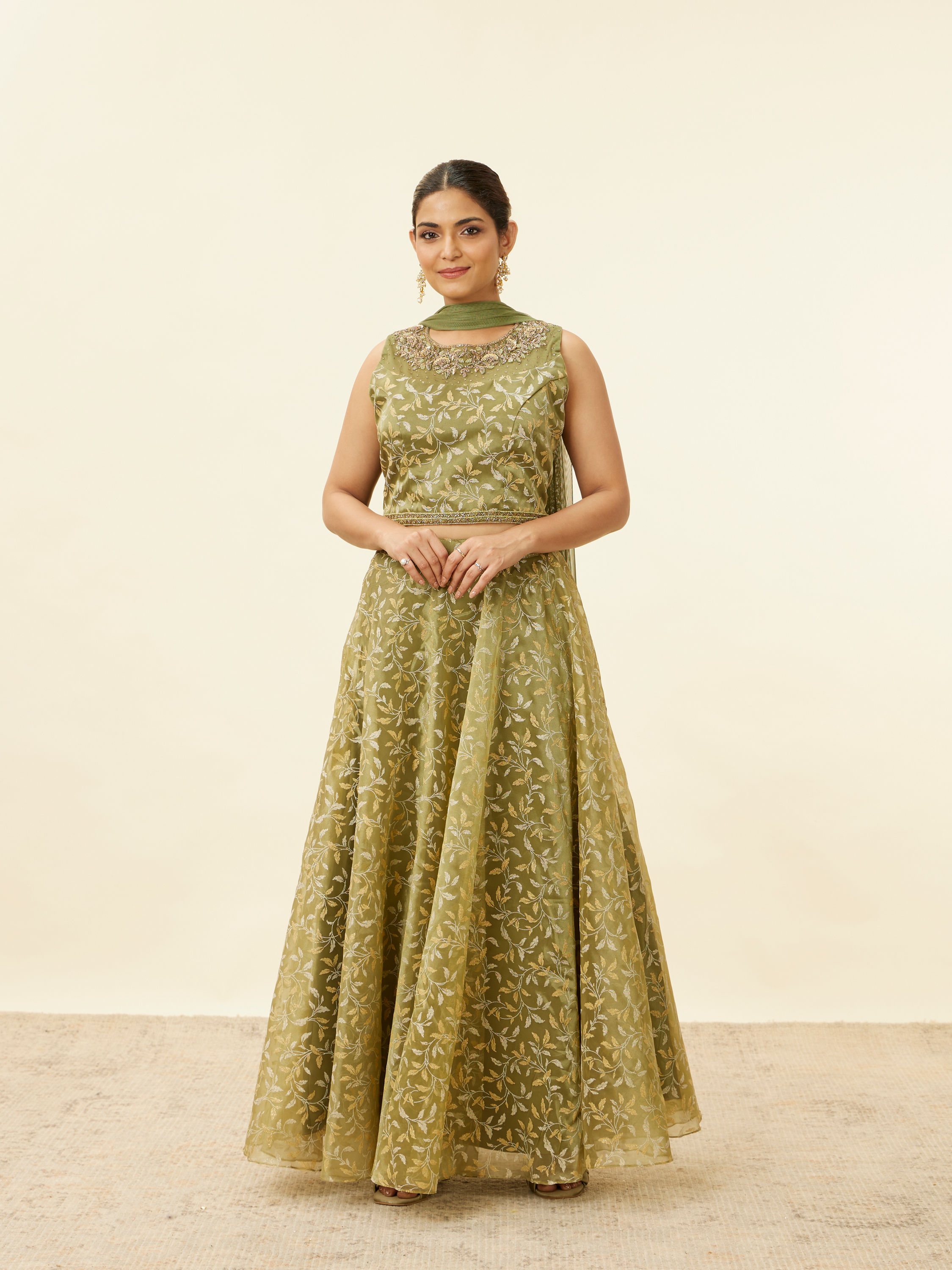 Mohey Women Tea Green Bel Embroidered Lehenga