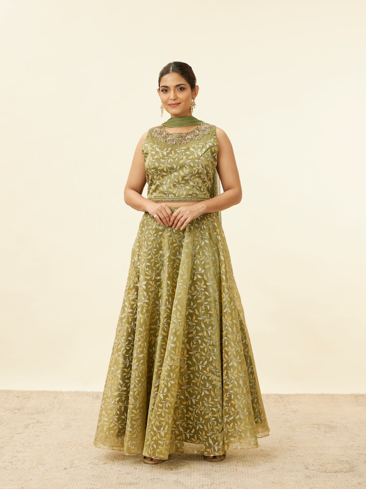 Mohey Women Tea Green Bel Embroidered Lehenga