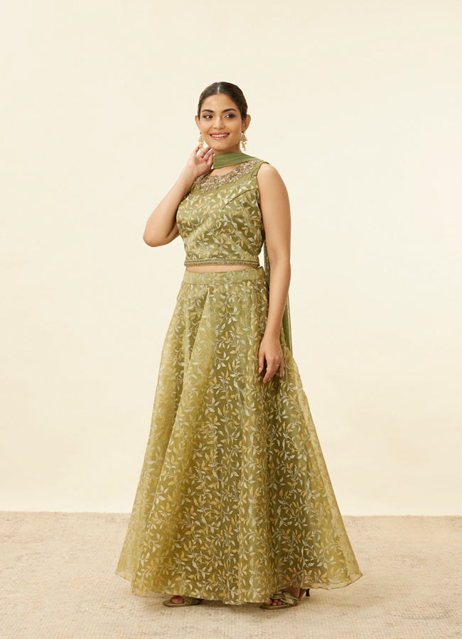 alt message - Mohey Women Tea Green Bel Embroidered Lehenga image number 3