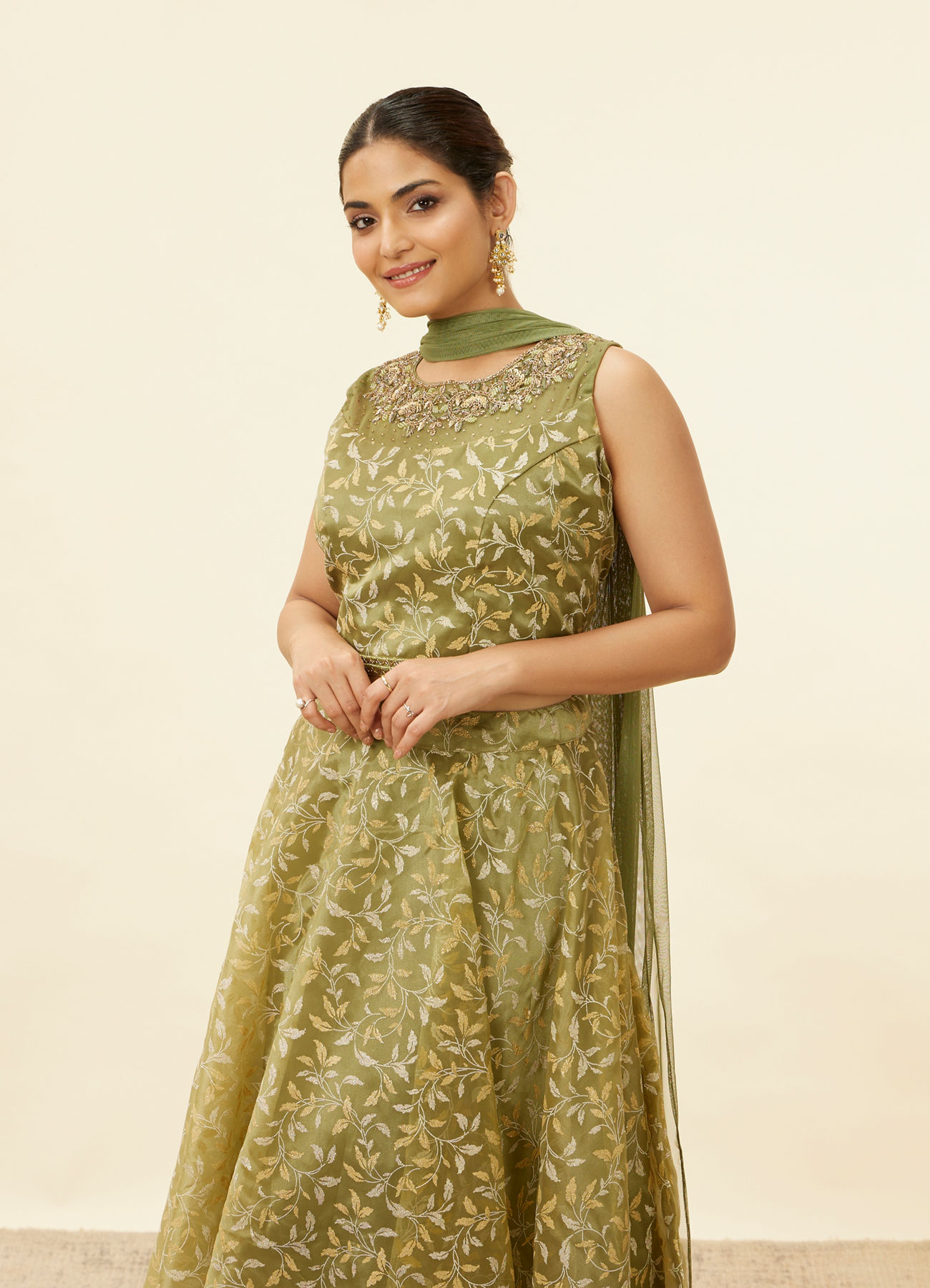 Mohey Women Tea Green Bel Embroidered Lehenga