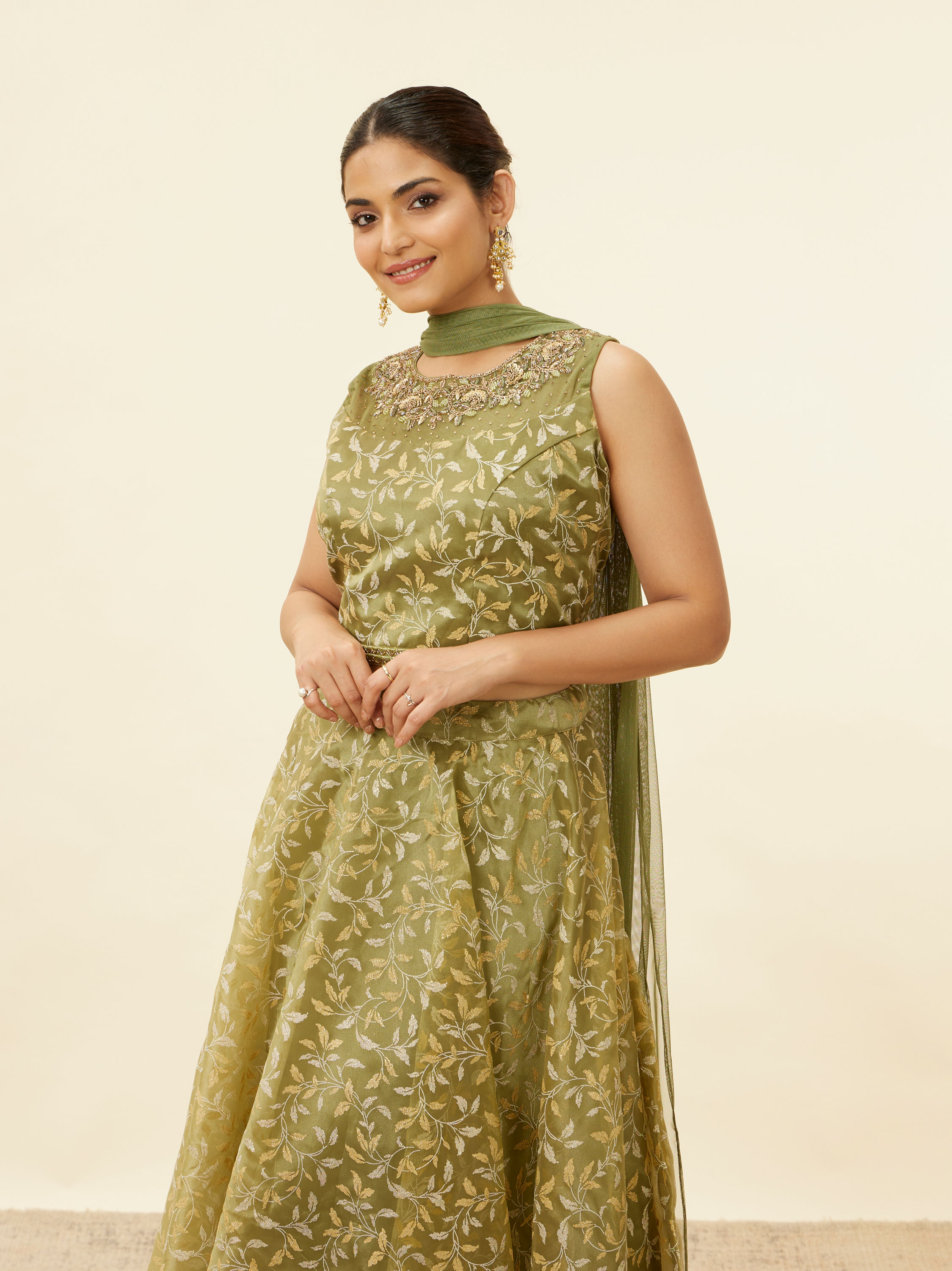 Mohey Women Tea Green Bel Embroidered Lehenga