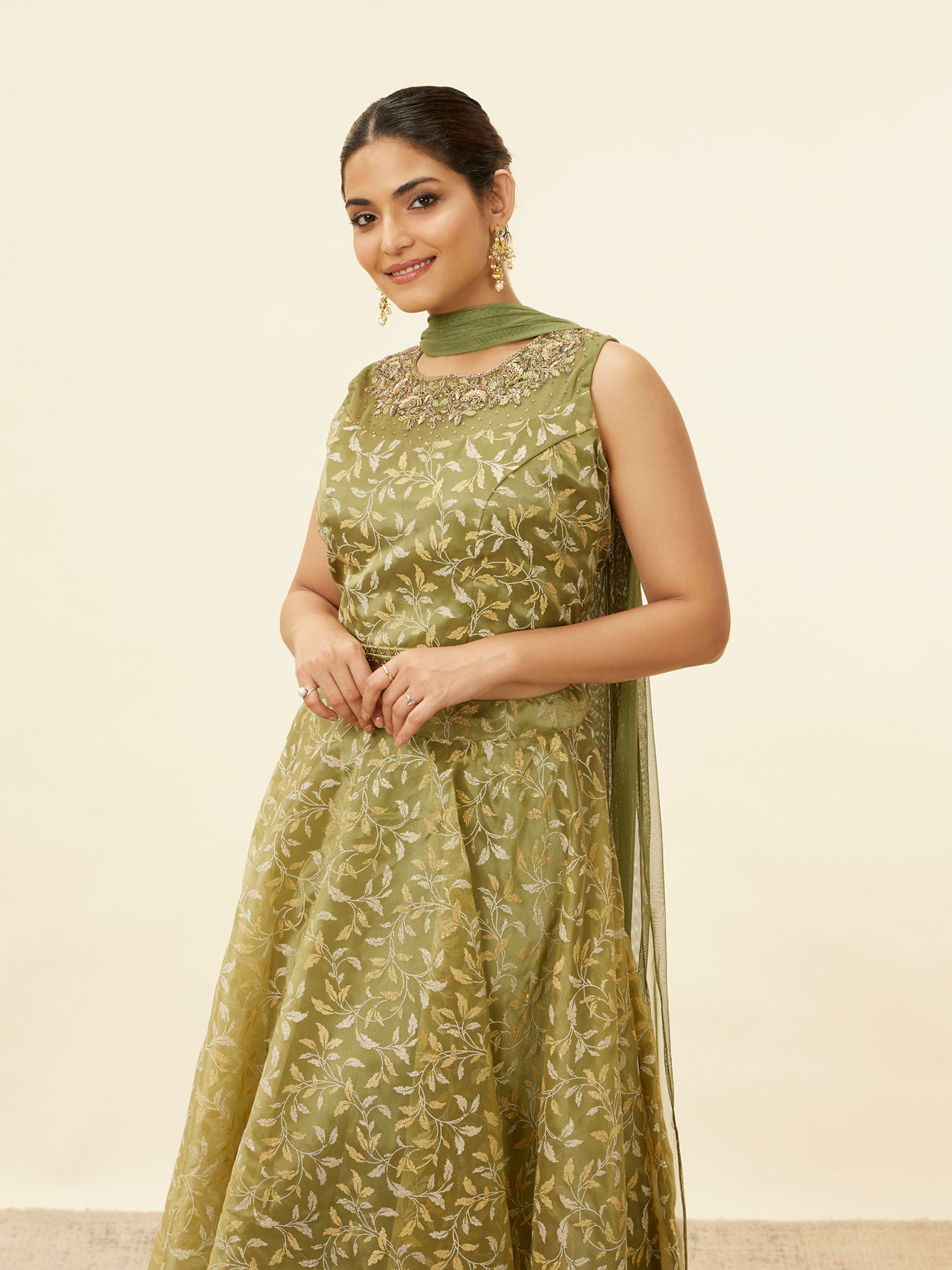 Tea Green Bel Embroidered Skirt Top Set image number 1