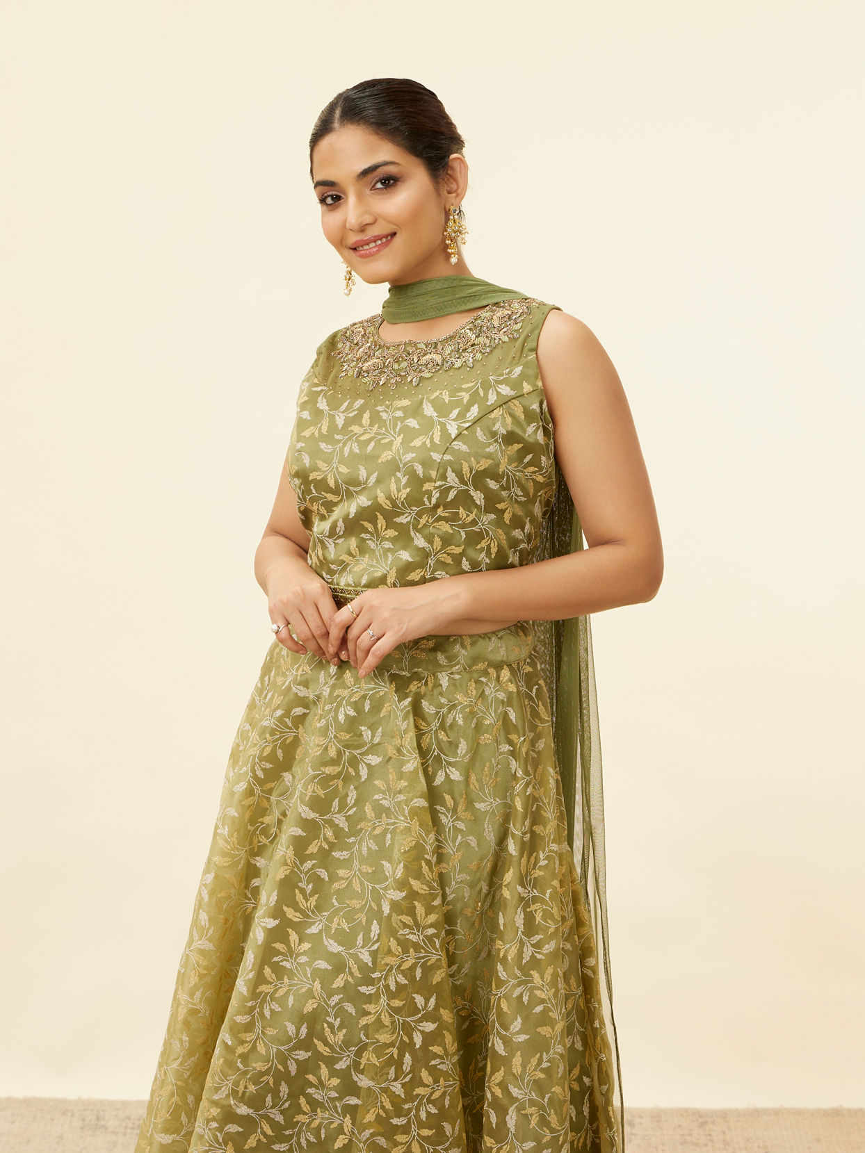 Mohey Women Tea Green Bel Embroidered Lehenga