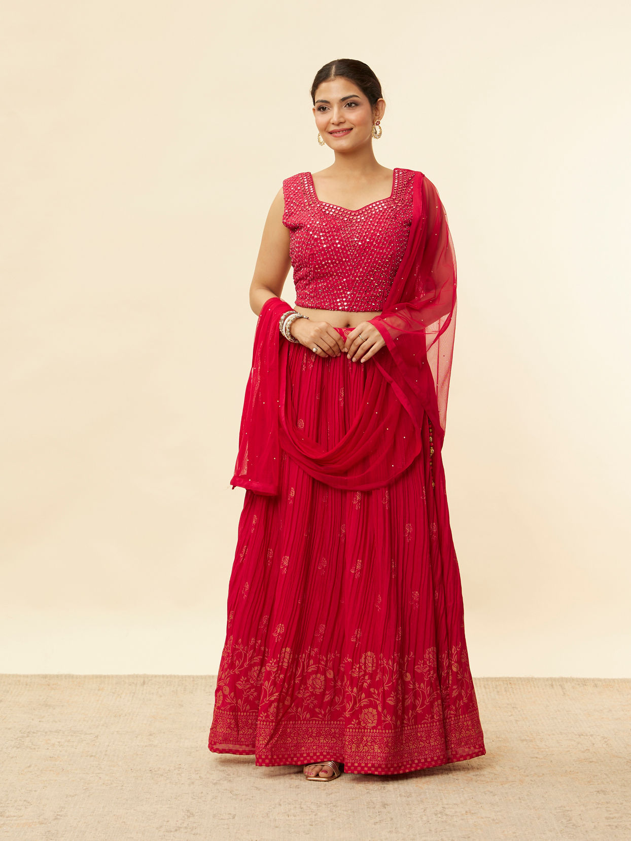 Mohey Women Berry Red Mirror Work Foil Print Lehenga
