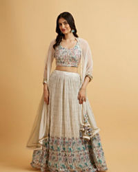 Mohey Women Cream Floral Paisley Patterned Sequinned Lehenga