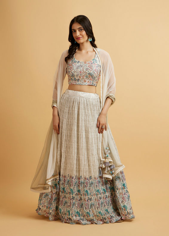 Mohey Women Cream Floral Paisley Patterned Sequinned Lehenga