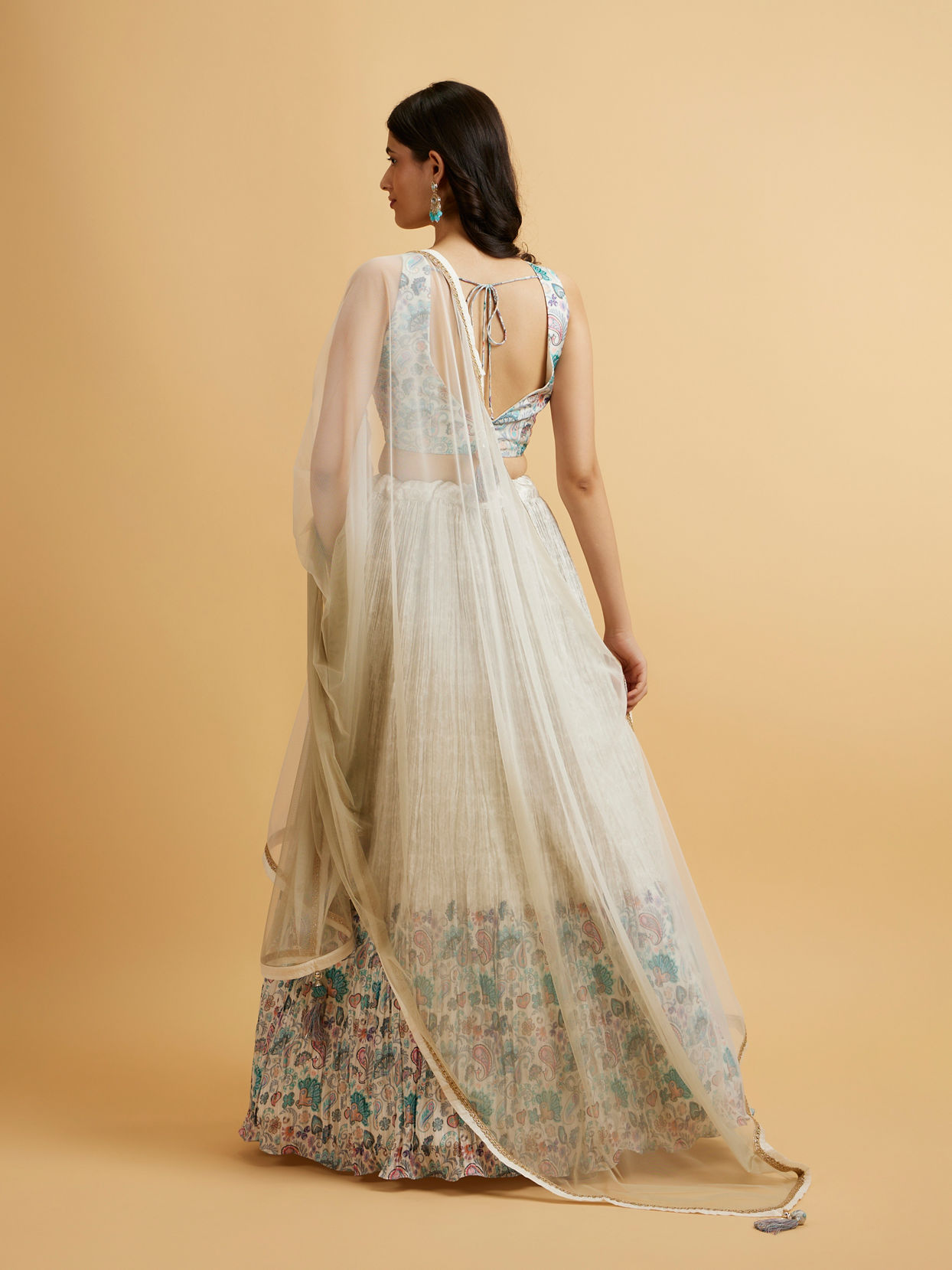 Mohey Women Cream Floral Paisley Patterned Sequinned Lehenga