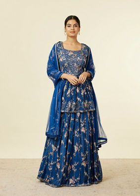 alt message - Mohey Women Indigo Blue Floral Patterned Fusion Lehenga image number 0