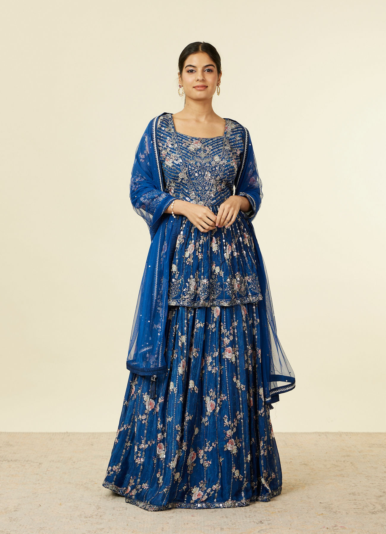 Mohey Women Indigo Blue Floral Patterned Fusion Lehenga