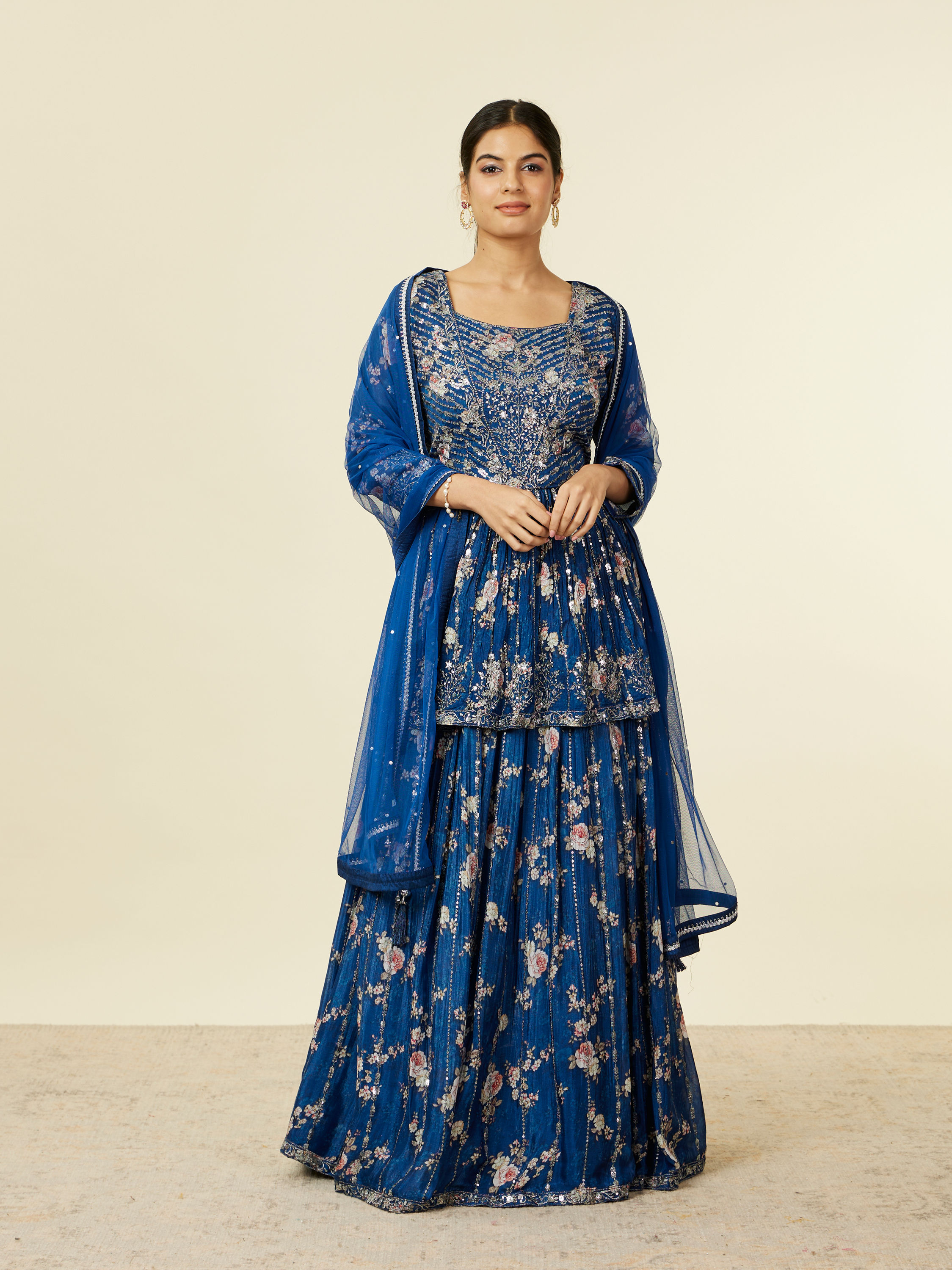 Mohey Women Indigo Blue Floral Patterned Fusion Lehenga