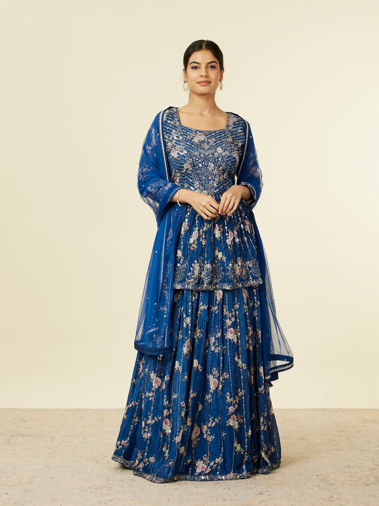 alt message - Mohey Women Indigo Blue Floral Patterned Fusion Lehenga image number 0