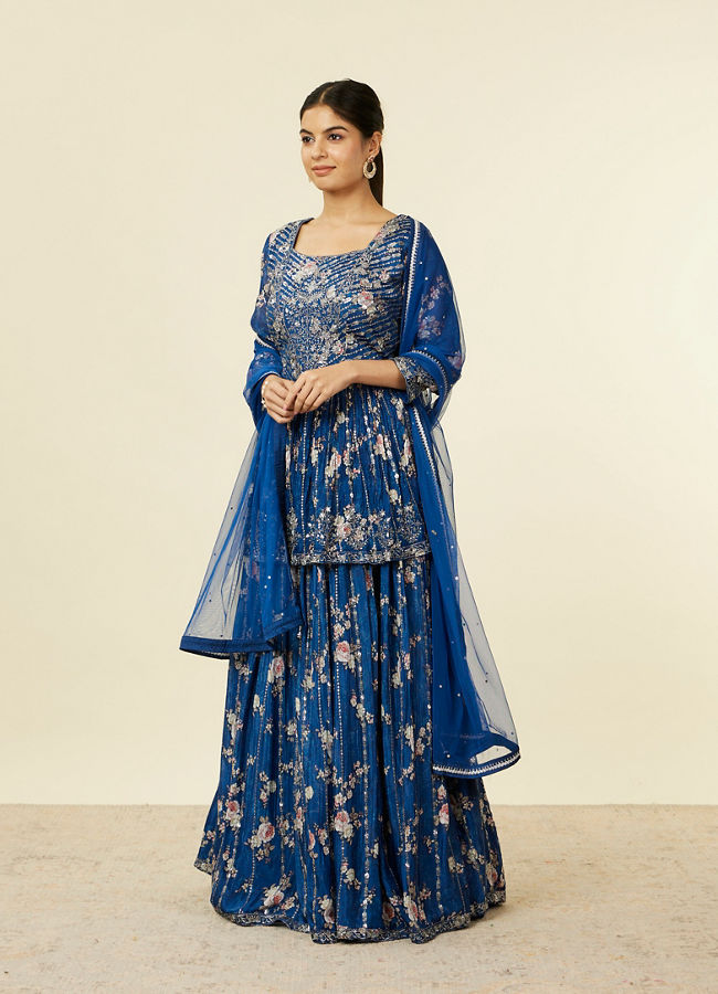 alt message - Mohey Women Indigo Blue Floral Patterned Fusion Lehenga image number 2