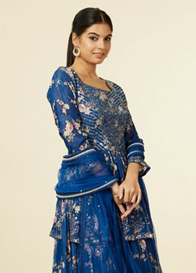 alt message - Mohey Women Indigo Blue Floral Patterned Fusion Lehenga image number 1