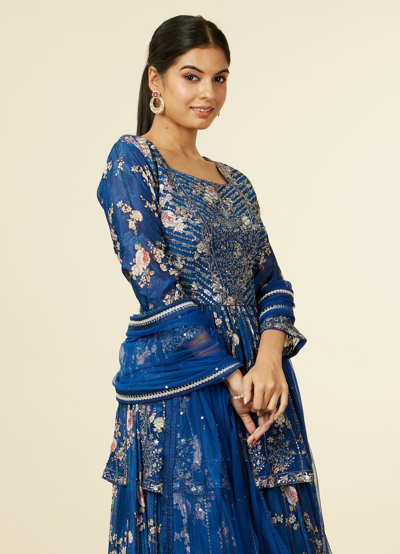 Mohey Women Indigo Blue Floral Patterned Fusion Lehenga