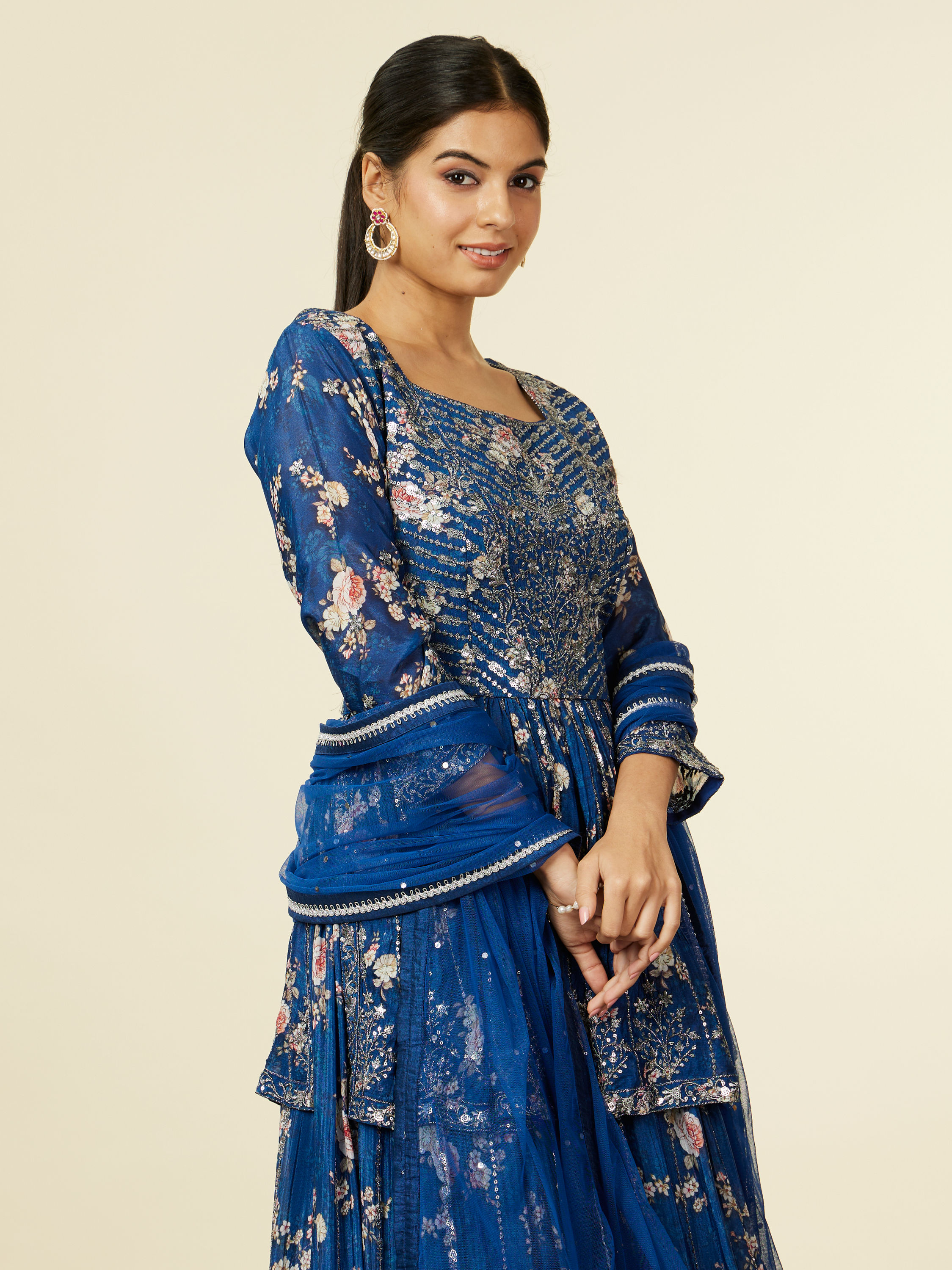 Mohey Women Indigo Blue Floral Patterned Fusion Lehenga