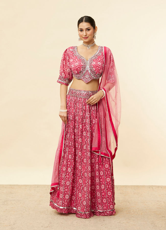 alt message - Mohey Women Watermelon Pink Floral Print Sequined Lehenga image number 0