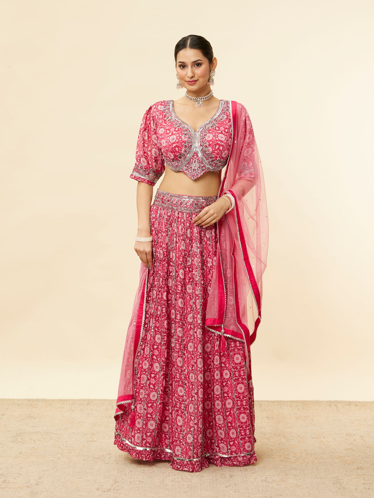 alt message - Mohey Women Watermelon Pink Floral Print Sequined Lehenga image number 0