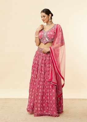 alt message - Mohey Women Watermelon Pink Floral Print Sequined Lehenga image number 2