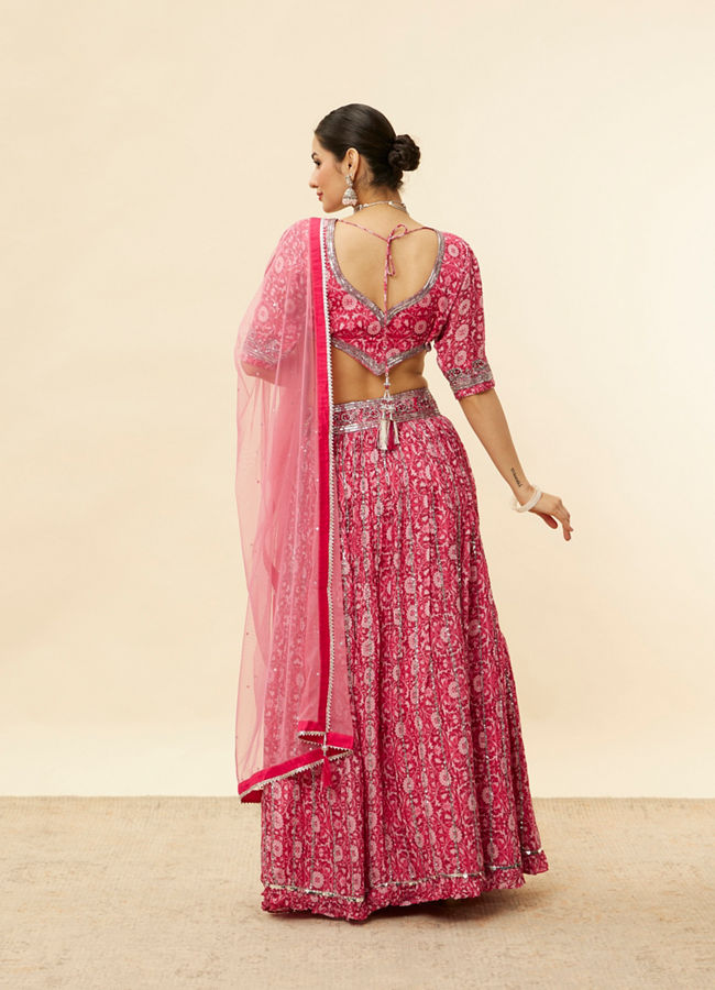 alt message - Mohey Women Watermelon Pink Floral Print Sequined Lehenga image number 4