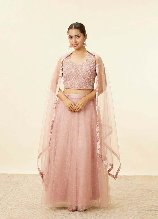 alt message - Mohey Women Light Pink Stone Work Lehenga image number 0