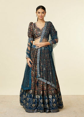 Mohey Women Teal Blue Bel Buti Patterned Lehenga