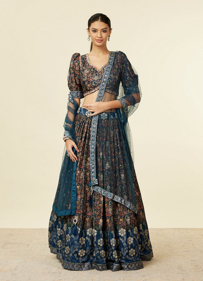 Mohey Women Teal Blue Bel Buti Patterned Lehenga